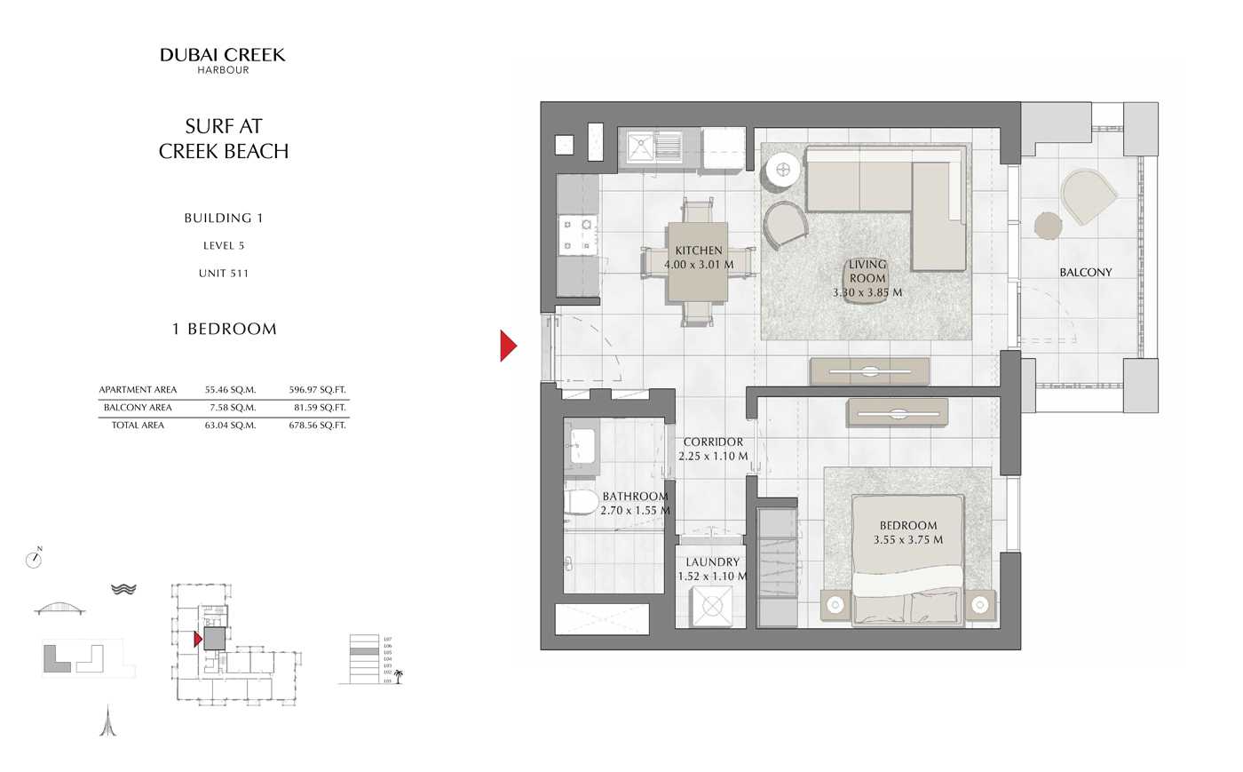 Building 1, 1 Bedroom, Level 5, Unit 511, Size 678 Sq Ft